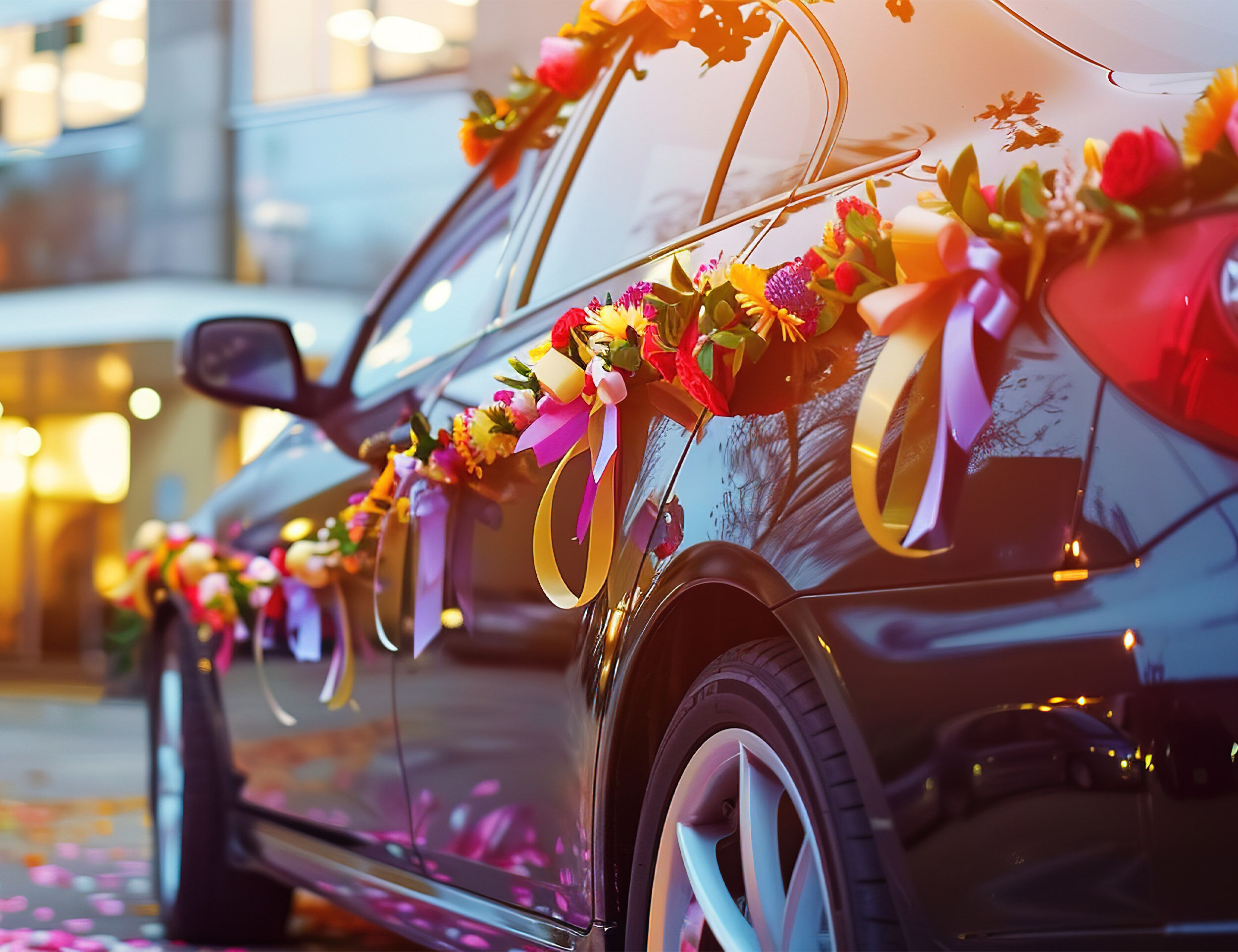 Wedding car adorned with floral garlands and ribbons